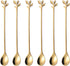 6.5" Elegant Leaf-Design Gold Coffee & Tea Spoons Set of 6- Long Handle Stainless Steel Stirring Spoons for Espresso, Iced Tea - Ideal Coffee Bar Accessories
