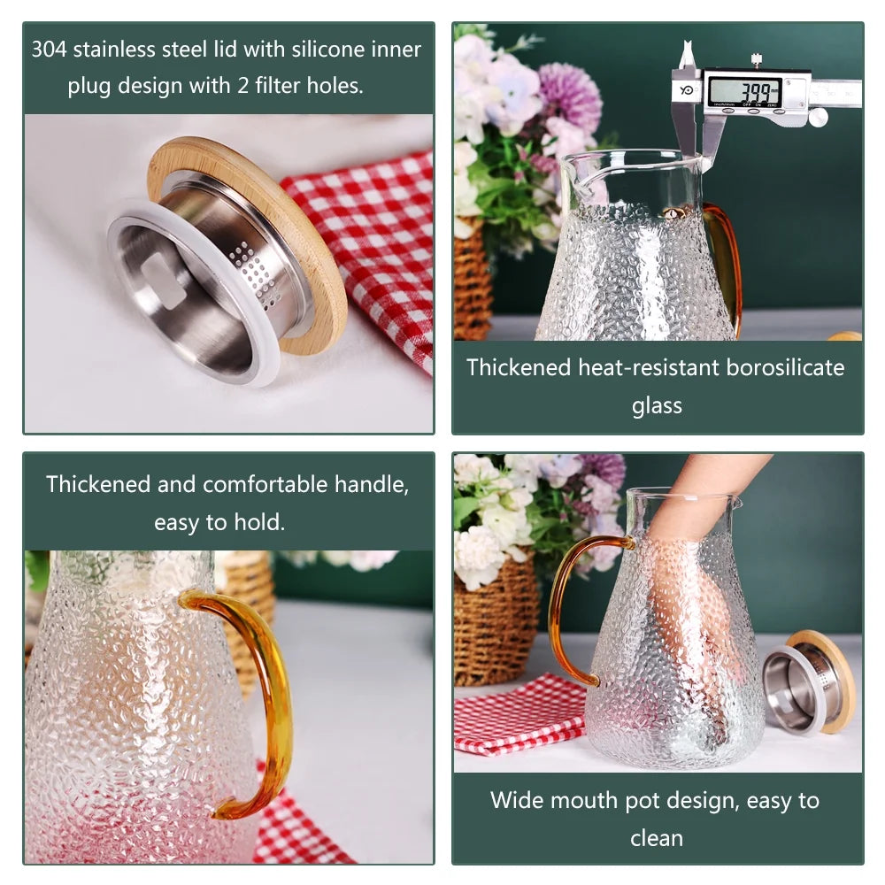Glass Pitcher, 60Oz Clear Glass Pitcher with Bamboo Lid and Spout, 1.8L Glass Water Pitcher, Iced Tea Pitcher for Fridge, Pitchers Beverage Pitchers, Juice Lemonade Carafe