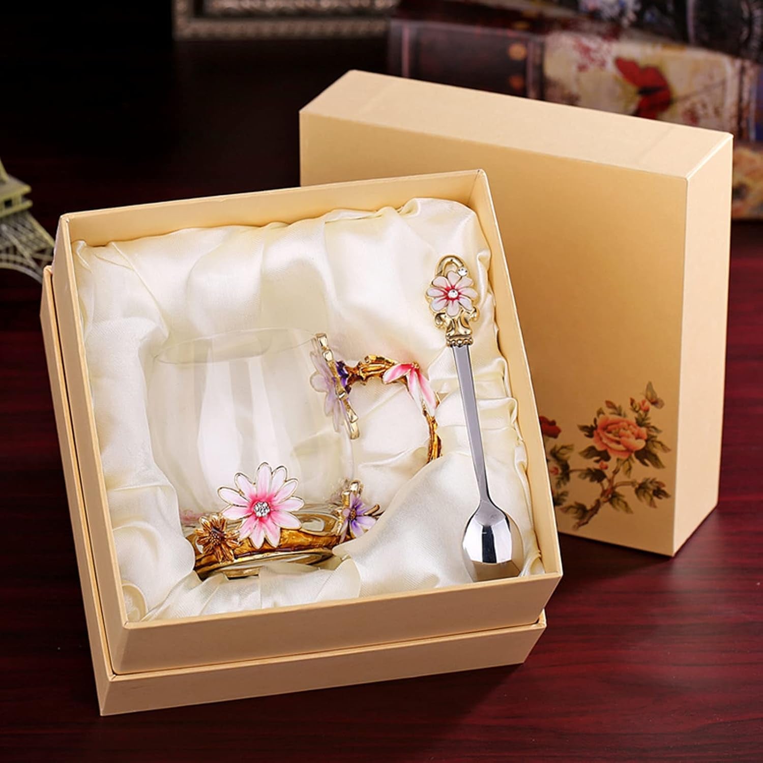 Coffee Mug, Clear Glass Tea Cup with Spoon, Handmade Daisy Flower Enamel Design, Mother&