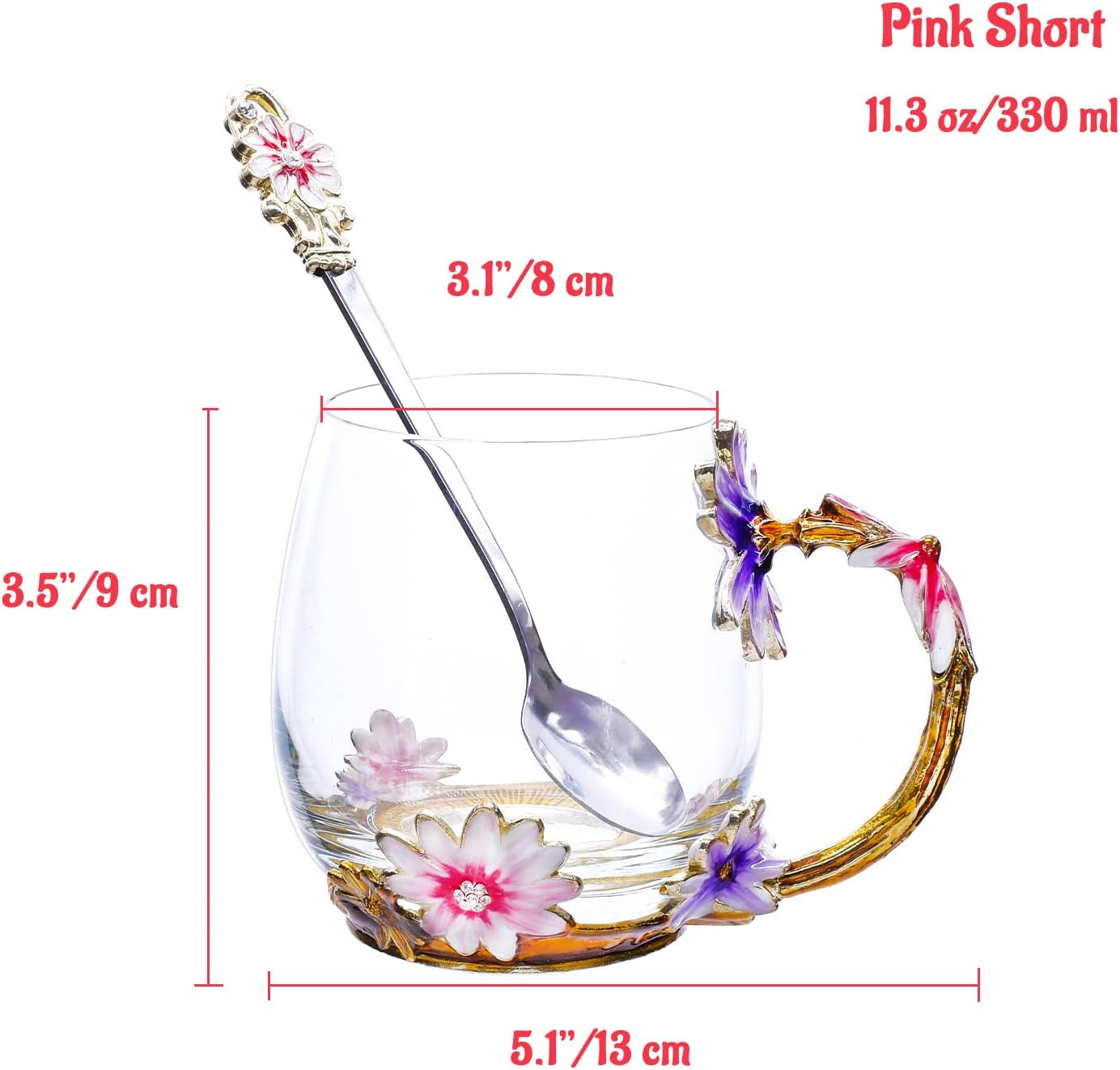 Coffee Mug, Clear Glass Tea Cup with Spoon, Handmade Daisy Flower Enamel Design, Mother&