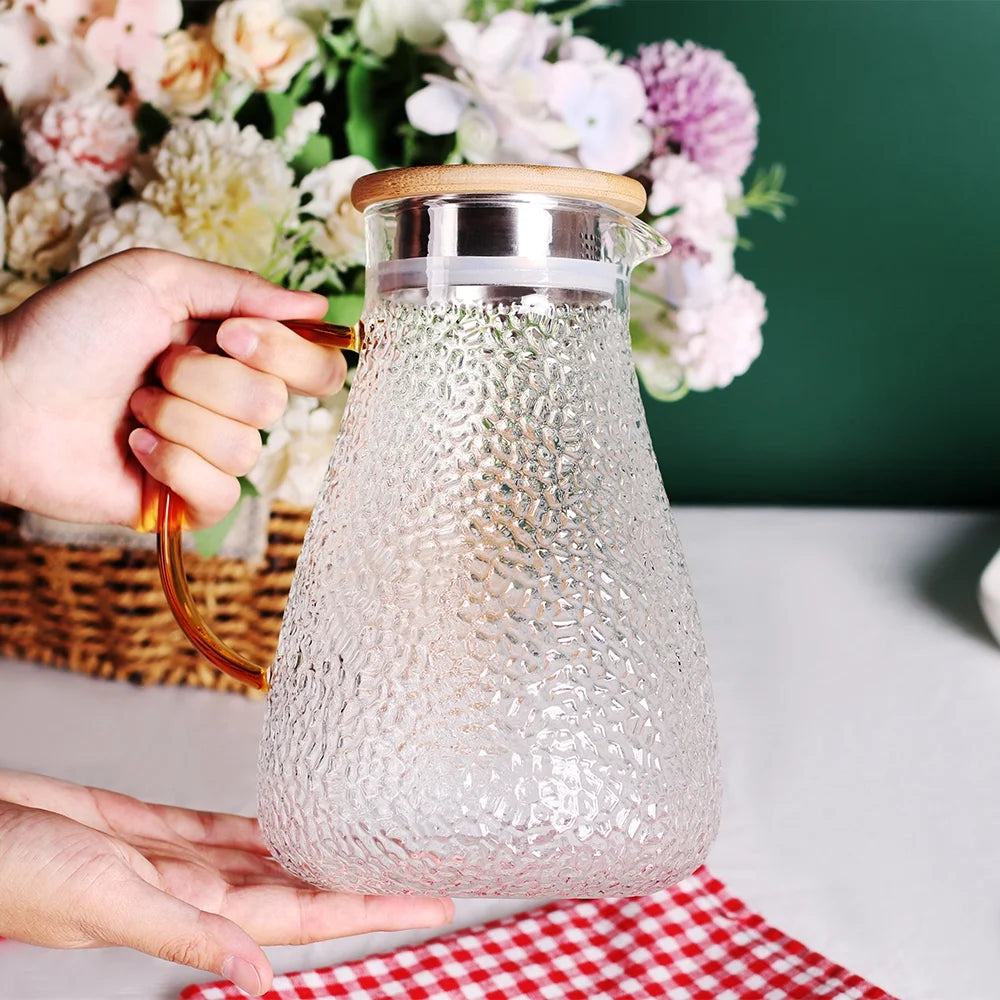Glass Pitcher, 60Oz Clear Glass Pitcher with Bamboo Lid and Spout, 1.8L Glass Water Pitcher, Iced Tea Pitcher for Fridge, Pitchers Beverage Pitchers, Juice Lemonade Carafe