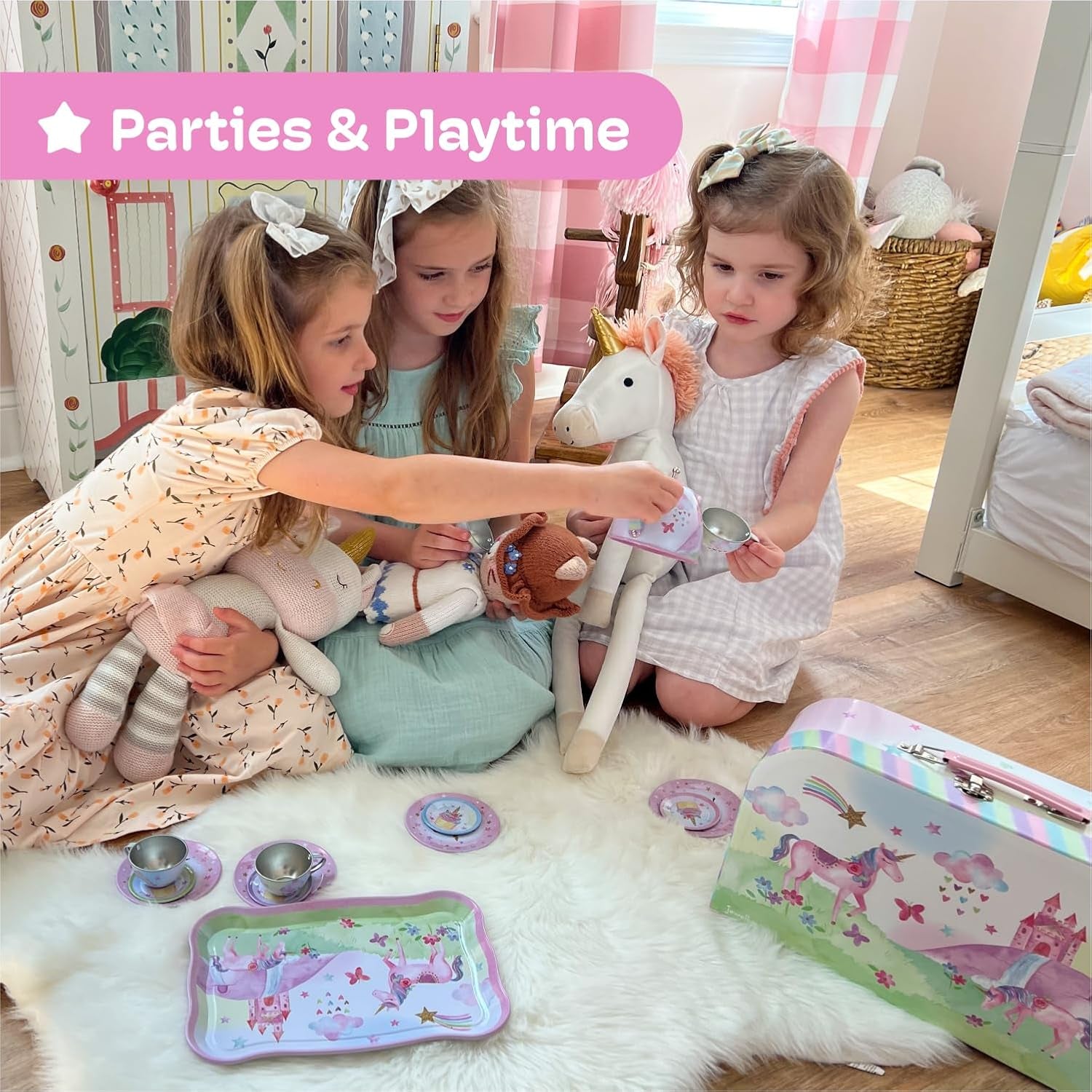 15-Piece Tin Tea Set for Toddlers - Pretend Toy Set with Teapot, Cups, Plates and Carrying Case - Unicorn Picnic Toys for Girls - Unique Gift for Kids Ages 3+ - Fun Play Tea Party Toy