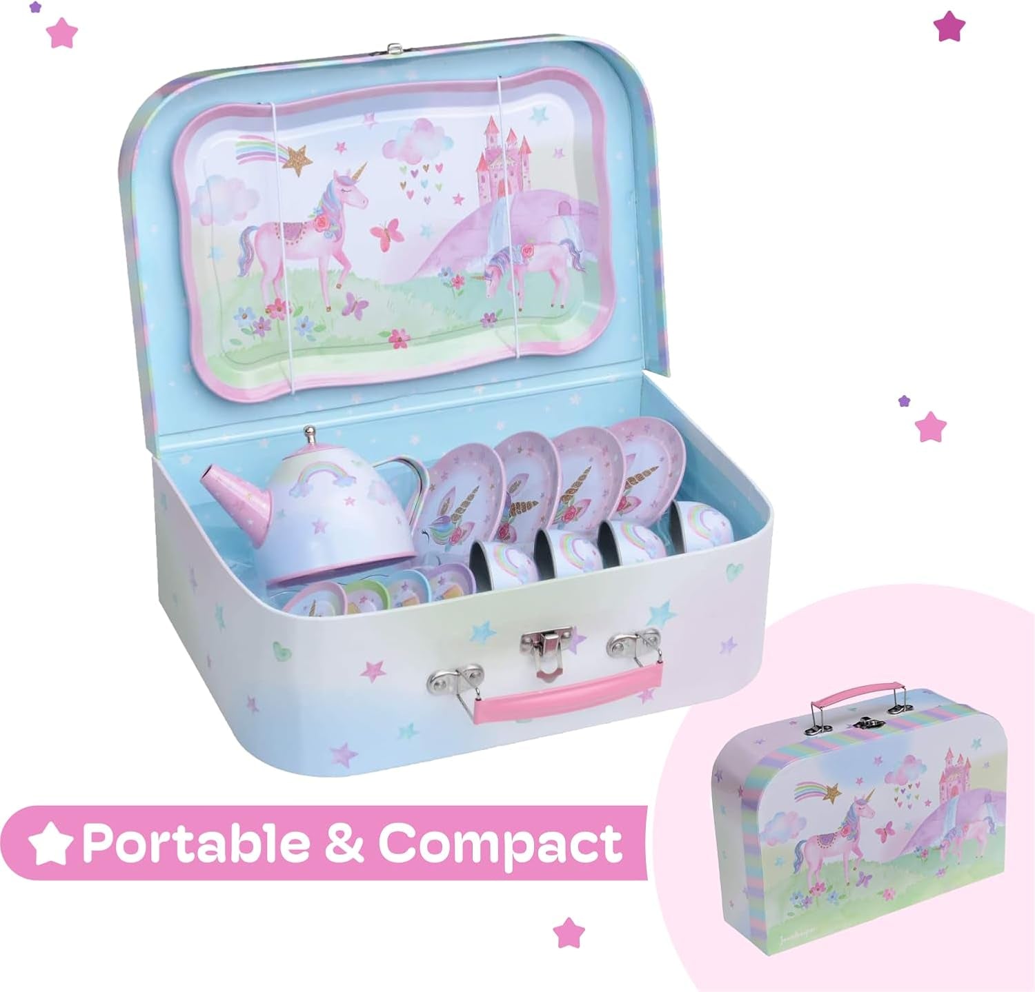 15-Piece Tin Tea Set for Toddlers - Pretend Toy Set with Teapot, Cups, Plates and Carrying Case - Unicorn Picnic Toys for Girls - Unique Gift for Kids Ages 3+ - Fun Play Tea Party Toy