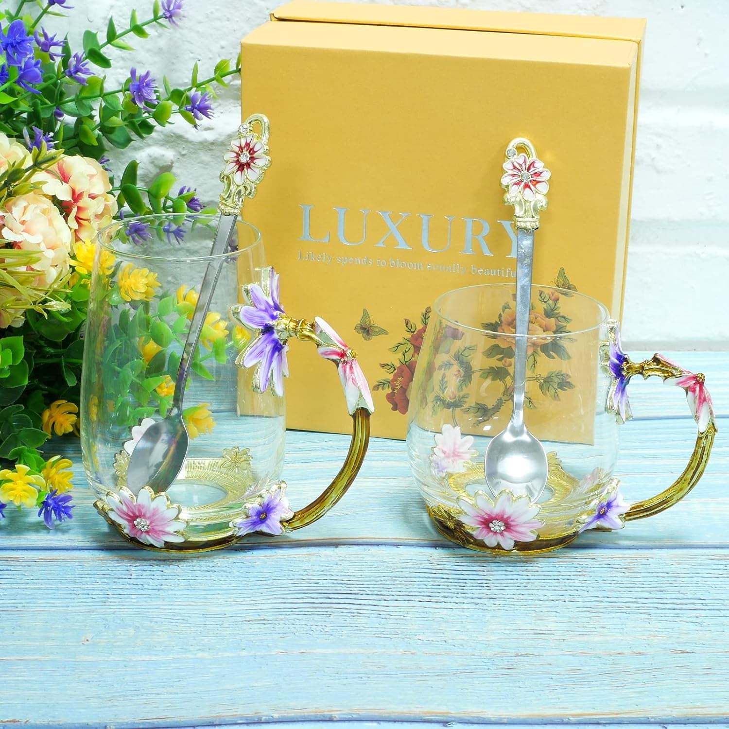Coffee Mug, Clear Glass Tea Cup with Spoon, Handmade Daisy Flower Enamel Design, Mother&