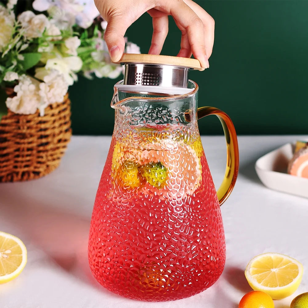 Glass Pitcher, 60Oz Clear Glass Pitcher with Bamboo Lid and Spout, 1.8L Glass Water Pitcher, Iced Tea Pitcher for Fridge, Pitchers Beverage Pitchers, Juice Lemonade Carafe