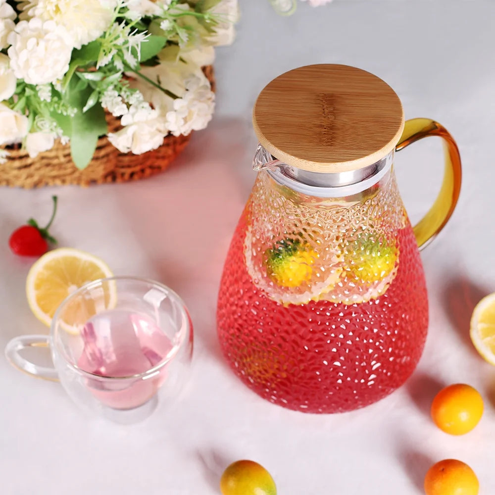 Glass Pitcher, 60Oz Clear Glass Pitcher with Bamboo Lid and Spout, 1.8L Glass Water Pitcher, Iced Tea Pitcher for Fridge, Pitchers Beverage Pitchers, Juice Lemonade Carafe
