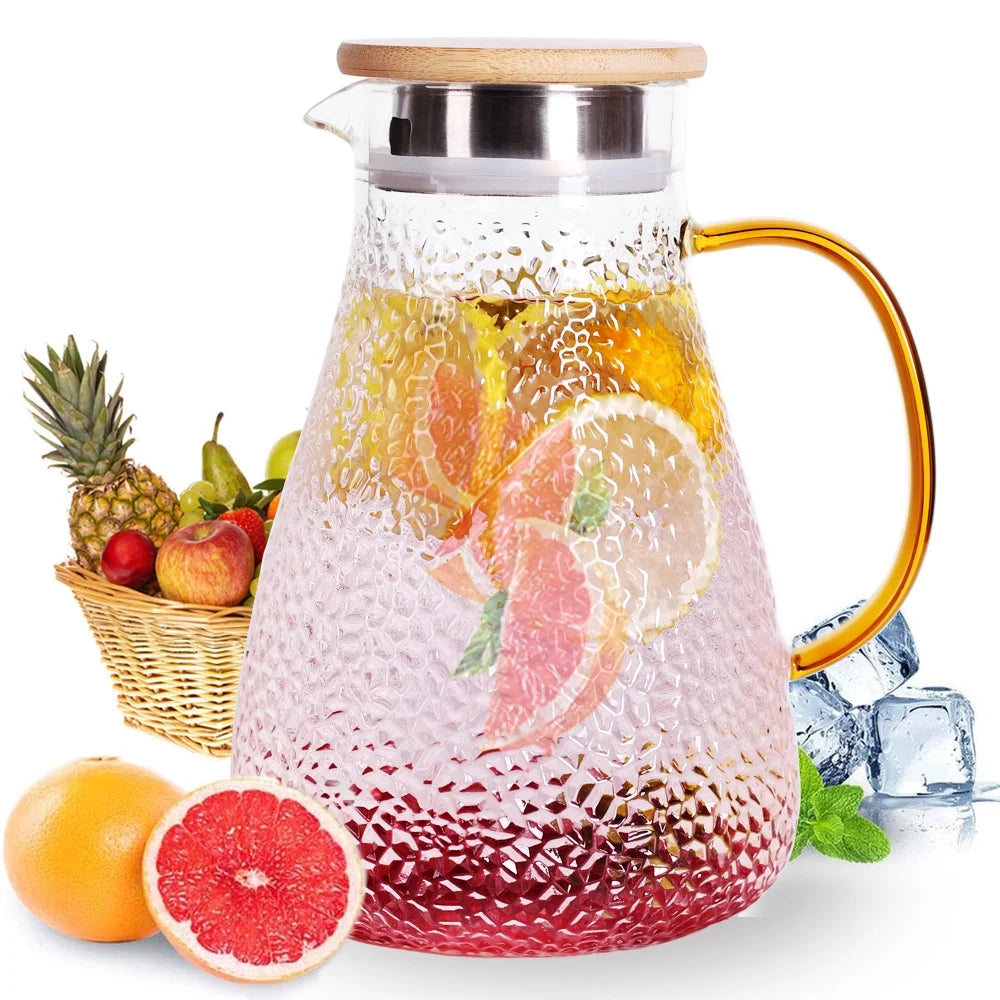 Glass Pitcher, 60Oz Clear Glass Pitcher with Bamboo Lid and Spout, 1.8L Glass Water Pitcher, Iced Tea Pitcher for Fridge, Pitchers Beverage Pitchers, Juice Lemonade Carafe