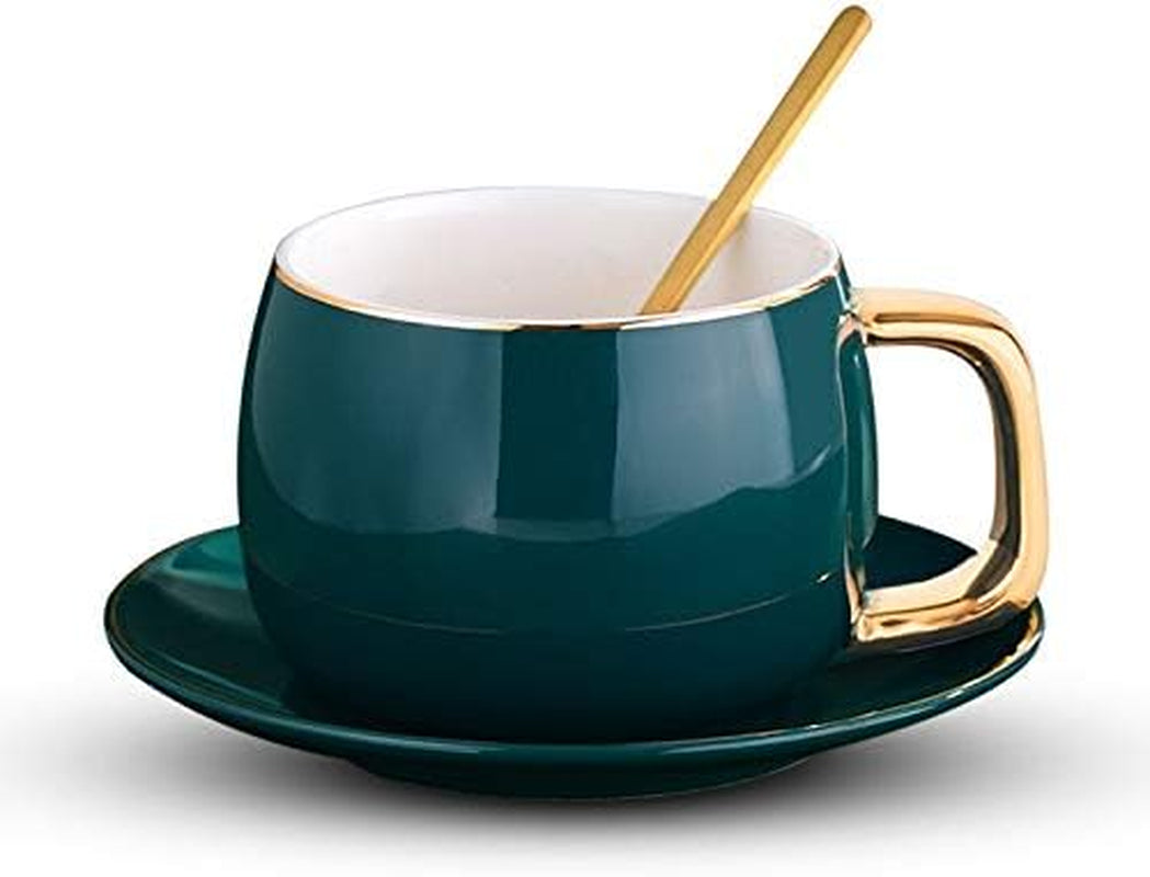 Ceramic Coffee/Tea Cups and Mugs Travel Coffee Cup Saucer Set Porcelain Teacup with the Spoon Drinking (Green)