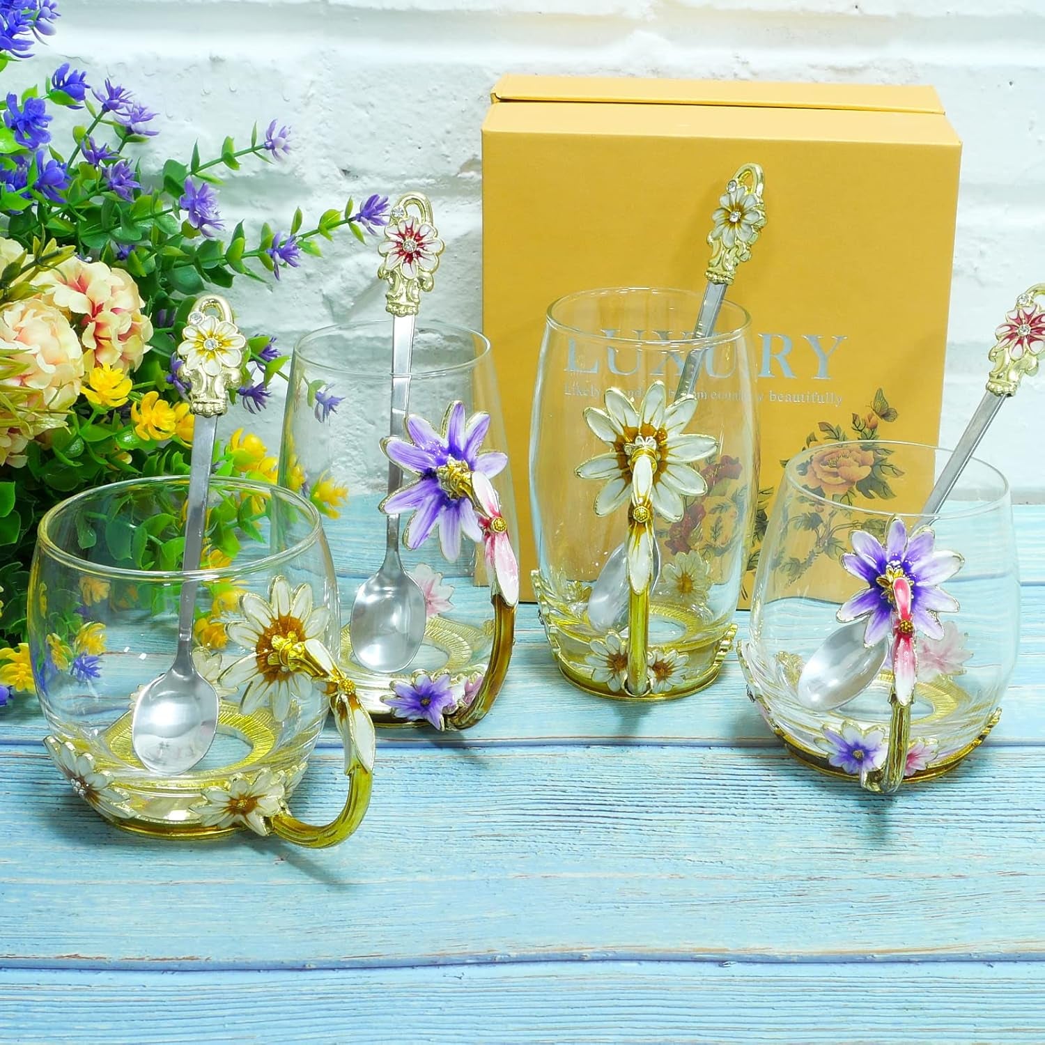 Coffee Mug, Clear Glass Tea Cup with Spoon, Handmade Daisy Flower Enamel Design, Mother&