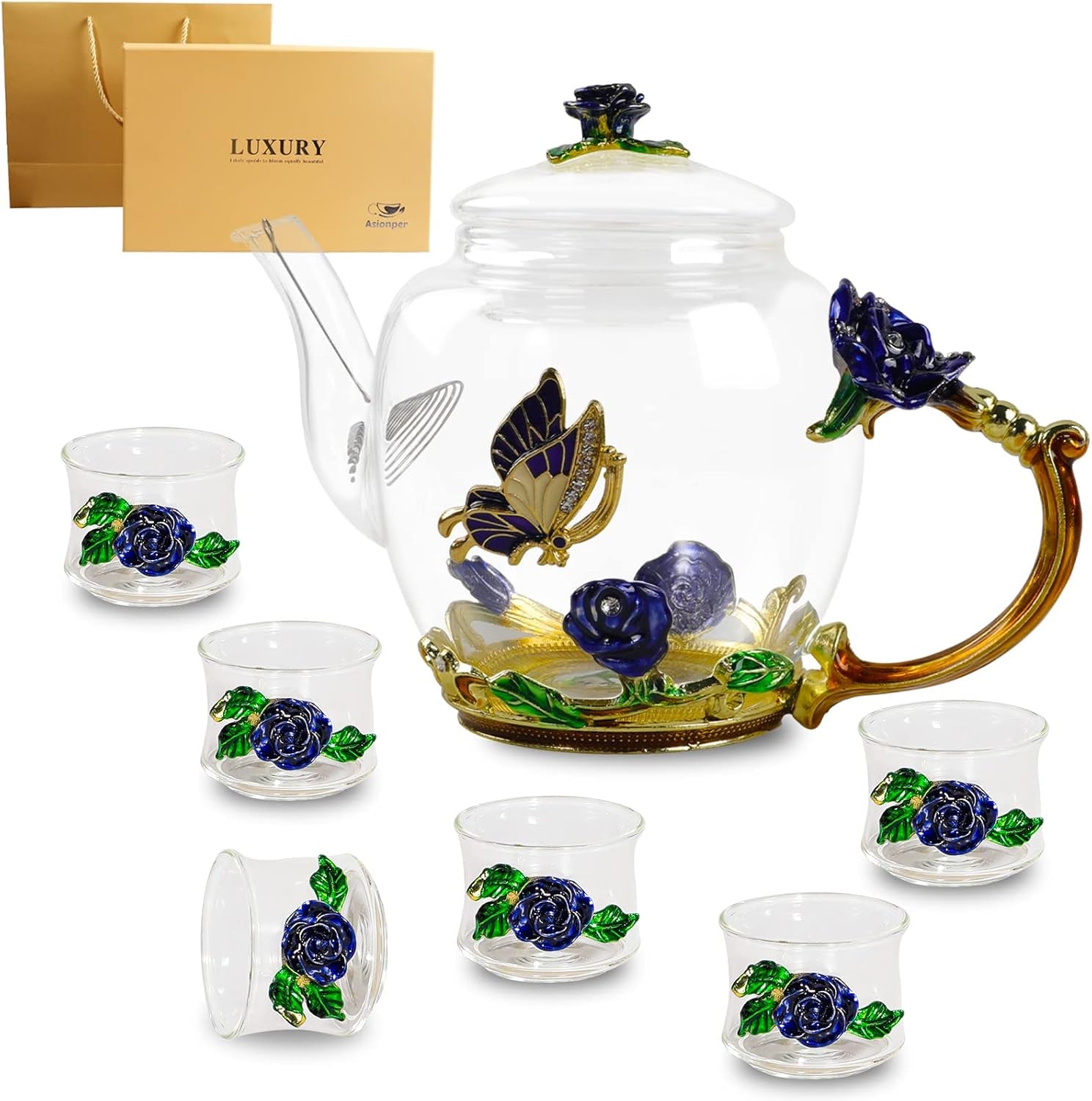 Fancy Teapot, Small Glass Teapot with 6 Shot Tea Cups, Butterfly Rose Tea Sets for Women,Elegant Gift for Women Mom Friends Christmas Birthday Anniversary(Blue)