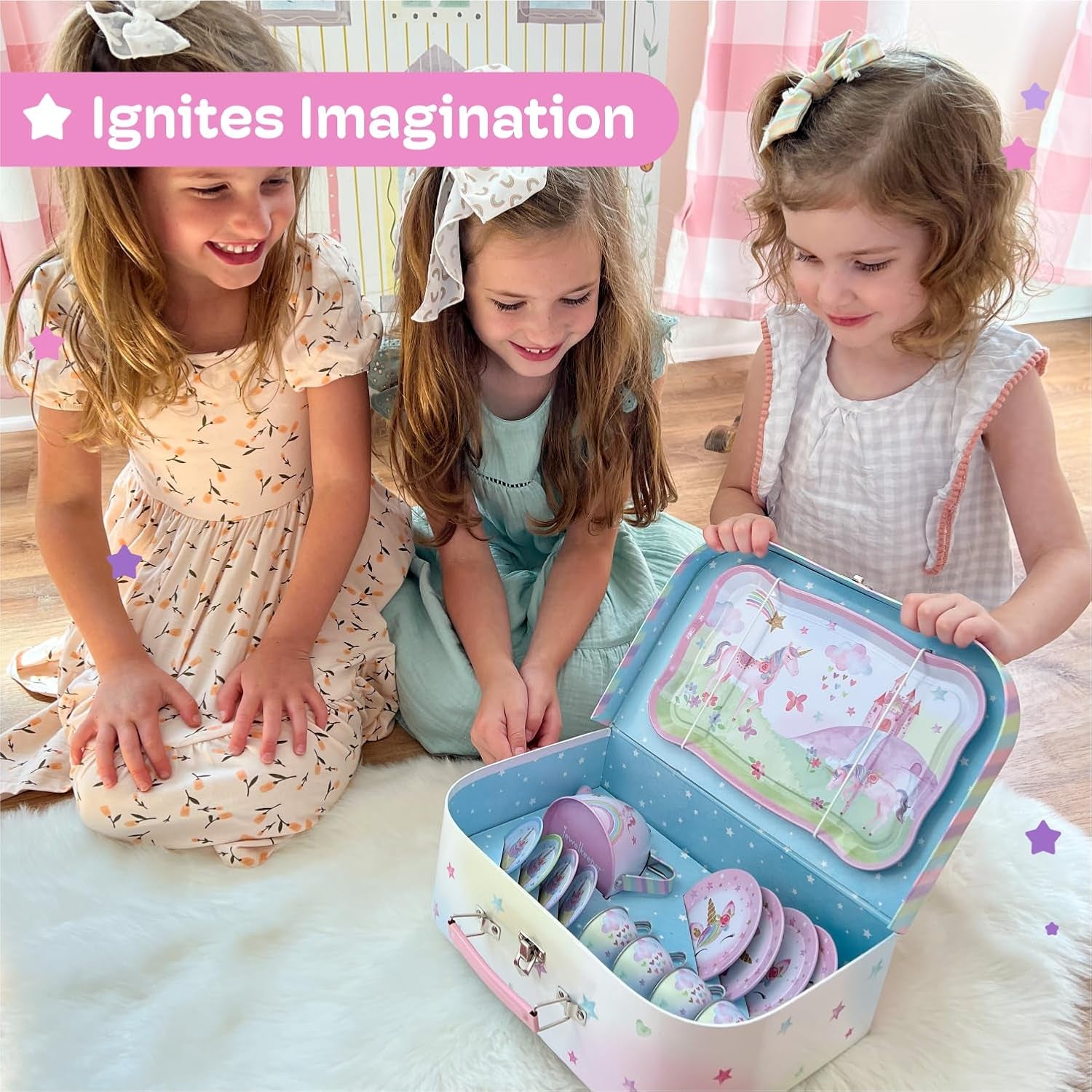 15-Piece Tin Tea Set for Toddlers - Pretend Toy Set with Teapot, Cups, Plates and Carrying Case - Unicorn Picnic Toys for Girls - Unique Gift for Kids Ages 3+ - Fun Play Tea Party Toy