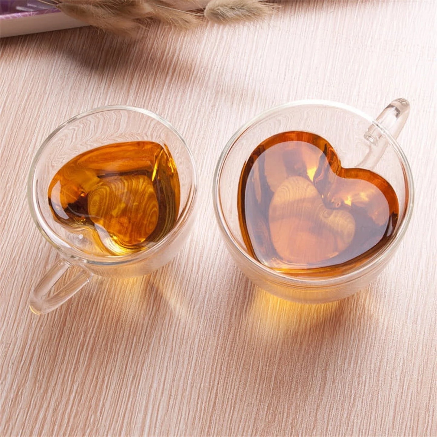 Heart Shaped Double Walled Insulated Glass Coffee Mugs or Tea Cups, Double Wall Glass- Clear, Unique & Insulated with Handle