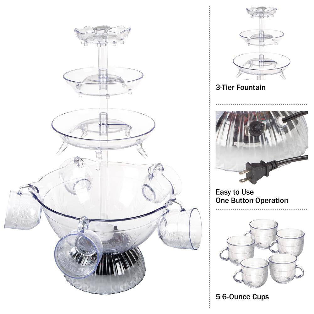 3-Tier 1.5 Gal Party Drink Dispenser - Fountain with LED Light Base and 5 Cups