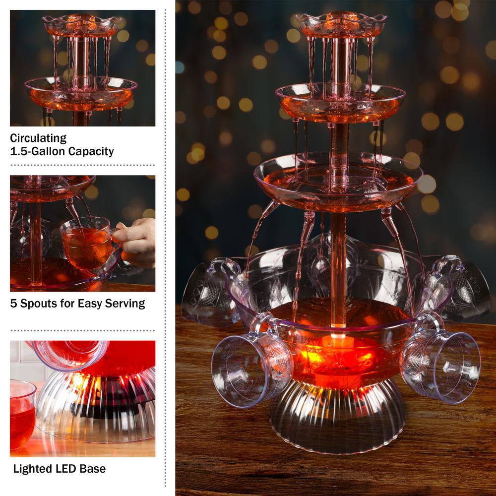 3-Tier 1.5 Gal Party Drink Dispenser - Fountain with LED Light Base and 5 Cups