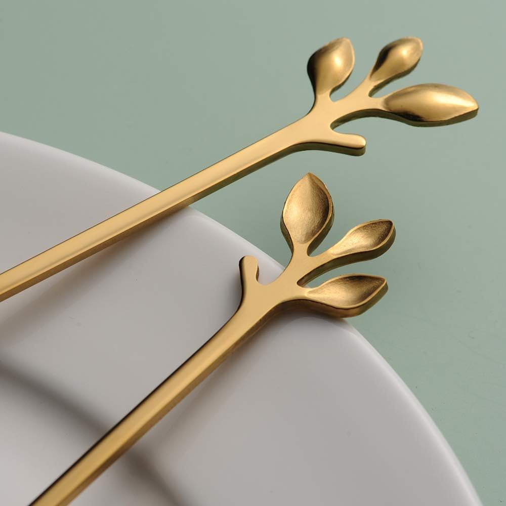 6.5" Elegant Leaf-Design Gold Coffee & Tea Spoons Set of 6- Long Handle Stainless Steel Stirring Spoons for Espresso, Iced Tea - Ideal Coffee Bar Accessories