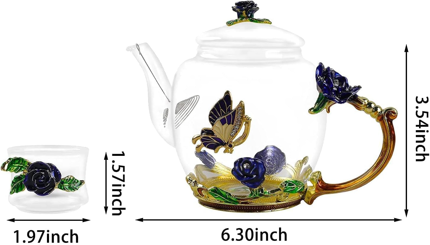 Fancy Teapot, Small Glass Teapot with 6 Shot Tea Cups, Butterfly Rose Tea Sets for Women,Elegant Gift for Women Mom Friends Christmas Birthday Anniversary(Blue)