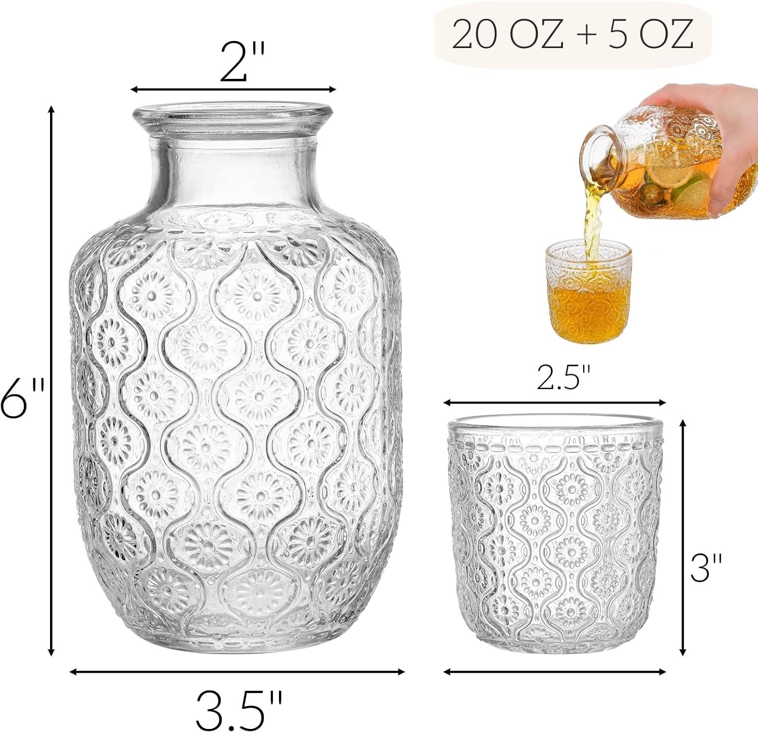 Vintage Bedside Water Carafe Elegant Pitcher 4 Pcs and Glass Tumblers 20 Oz