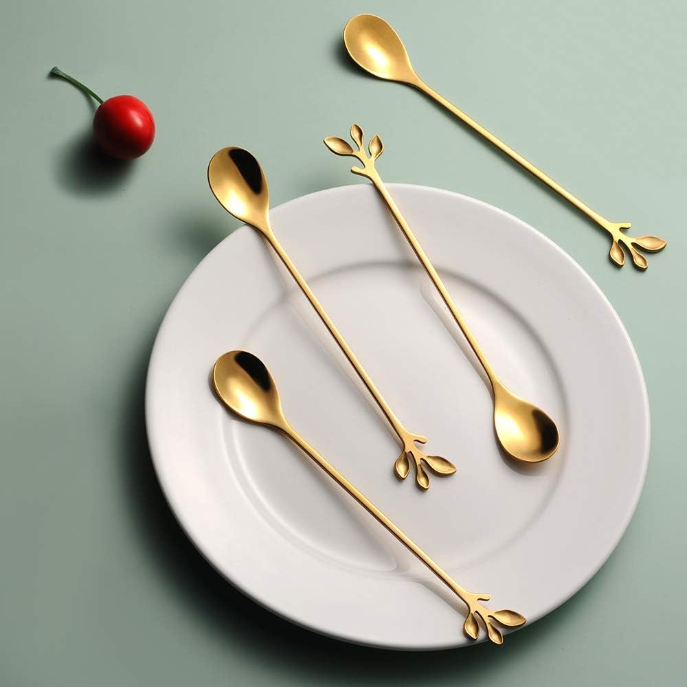 6.5" Elegant Leaf-Design Gold Coffee & Tea Spoons Set of 6- Long Handle Stainless Steel Stirring Spoons for Espresso, Iced Tea - Ideal Coffee Bar Accessories