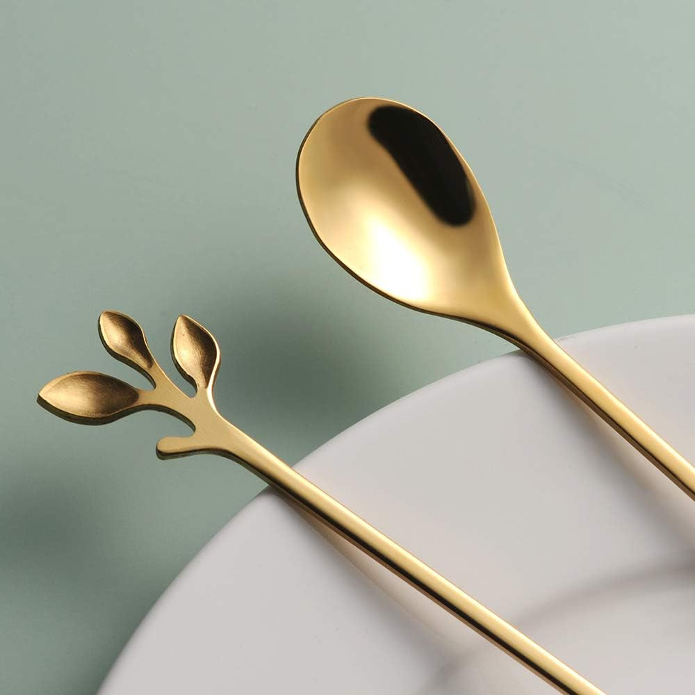 6.5&quot; Elegant Leaf-Design Gold Coffee &amp; Tea Spoons Set of 6- Long Handle Stainless Steel Stirring Spoons for Espresso, Iced Tea - Ideal Coffee Bar Accessories