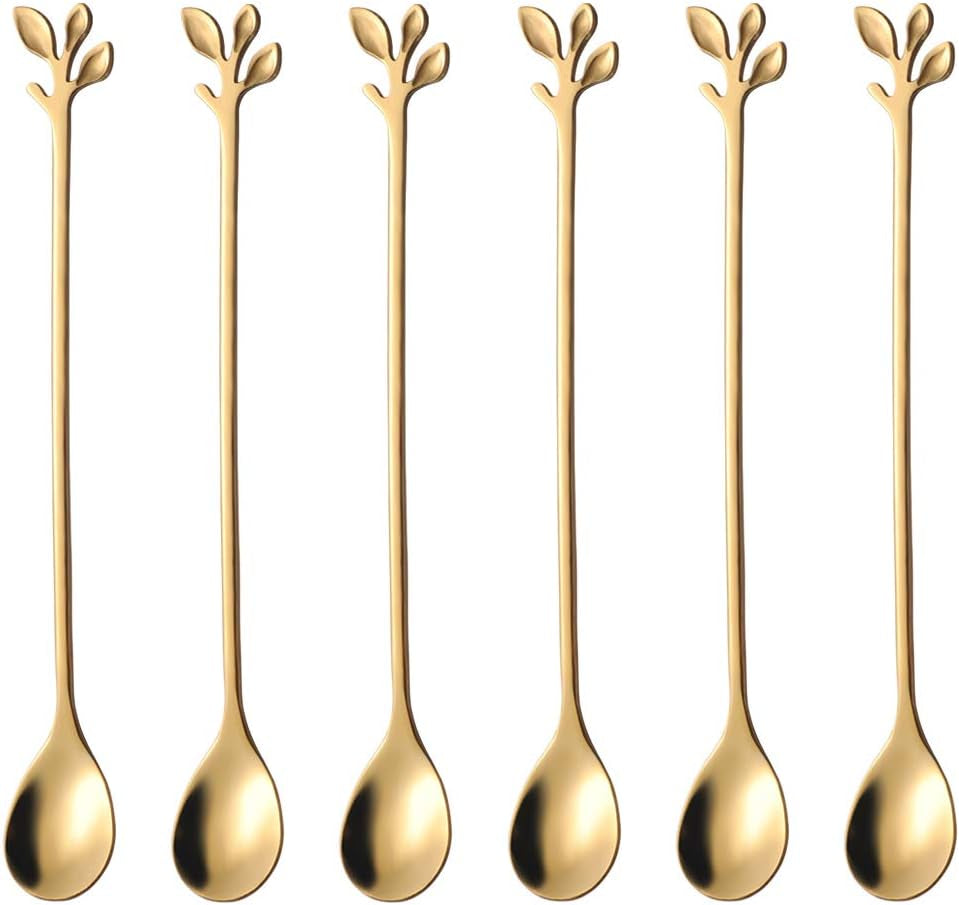 6.5&quot; Elegant Leaf-Design Gold Coffee &amp; Tea Spoons Set of 6- Long Handle Stainless Steel Stirring Spoons for Espresso, Iced Tea - Ideal Coffee Bar Accessories