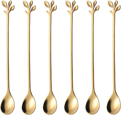 6.5&quot; Elegant Leaf-Design Gold Coffee &amp; Tea Spoons Set of 6- Long Handle Stainless Steel Stirring Spoons for Espresso, Iced Tea - Ideal Coffee Bar Accessories