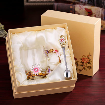 Coffee Mug, Clear Glass Tea Cup with Spoon, Handmade Daisy Flower Enamel Design, Mother&