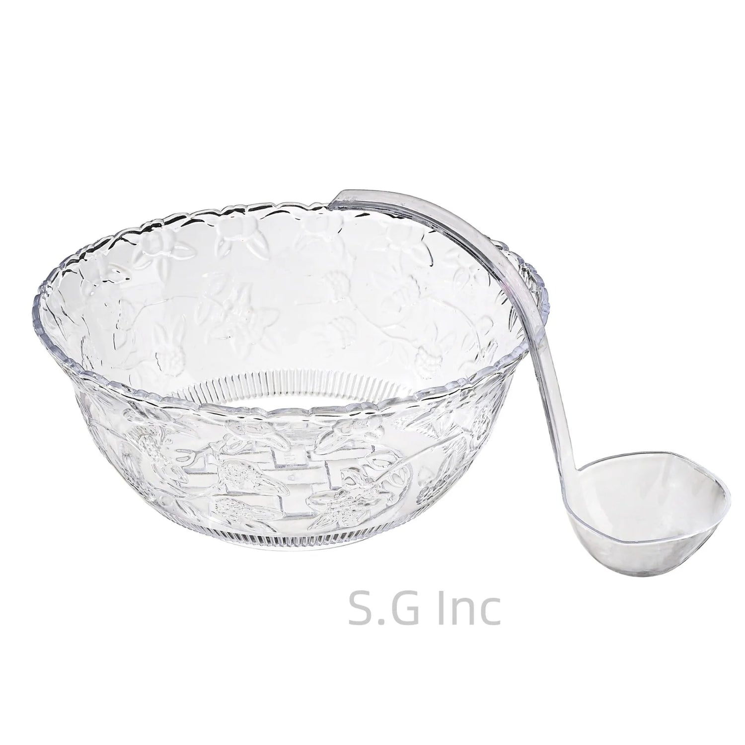 Punch Bowl with Ladle - 2 Gallon Large Clear Plastic Punch Bowl with Ladle - Embroidered Design 8 Quart Serving Bowl with 5 OZ Plastic Serving Ladle