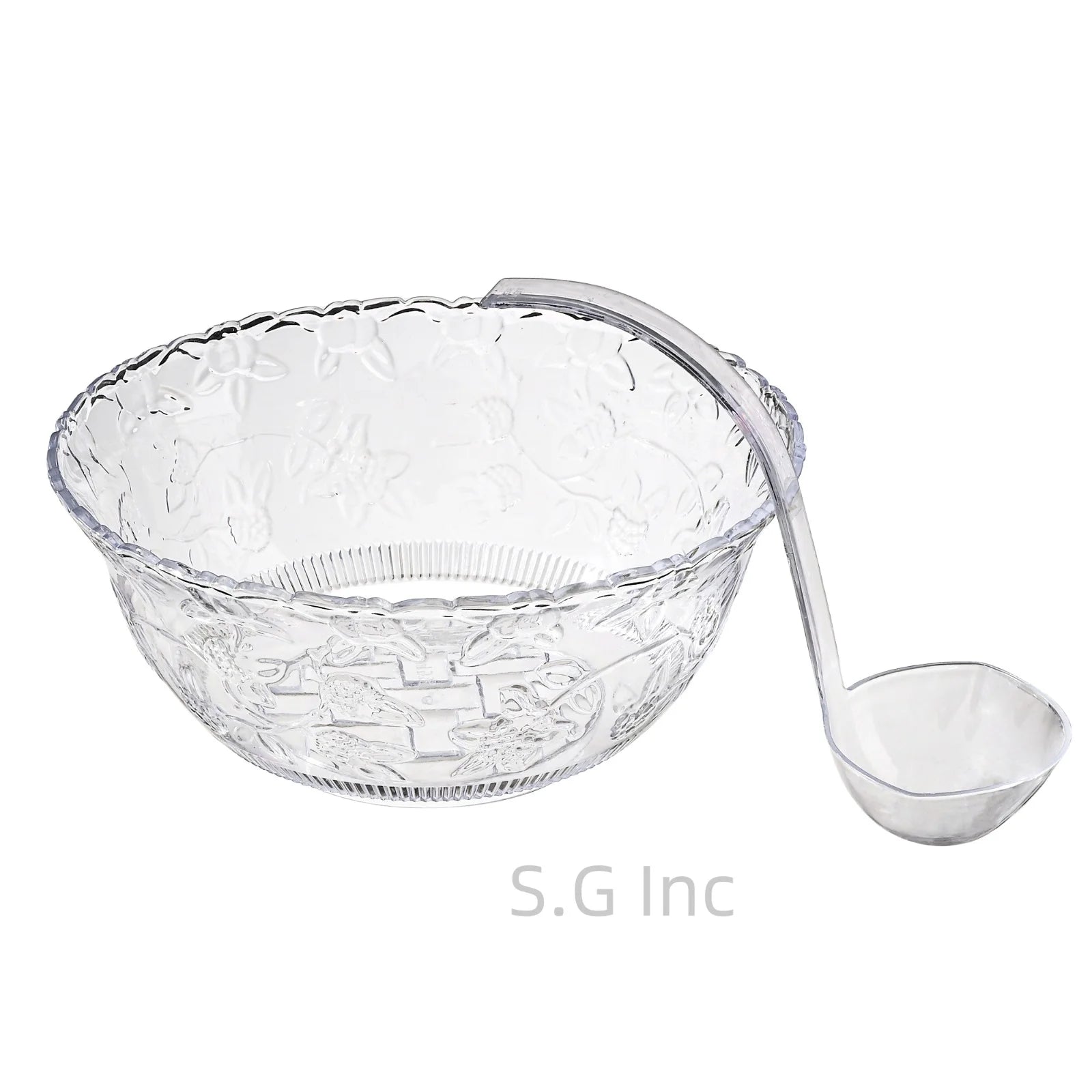 Punch Bowl with Ladle - 2 Gallon Large Clear Plastic Punch Bowl with Ladle - Embroidered Design 8 Quart Serving Bowl with 5 OZ Plastic Serving Ladle