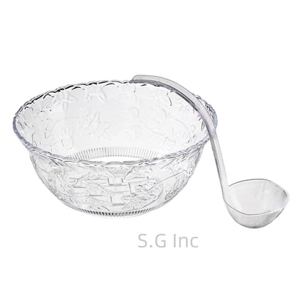 Punch Bowl with Ladle - 2 Gallon Large Clear Plastic Punch Bowl with Ladle - Embroidered Design 8 Quart Serving Bowl with 5 OZ Plastic Serving Ladle