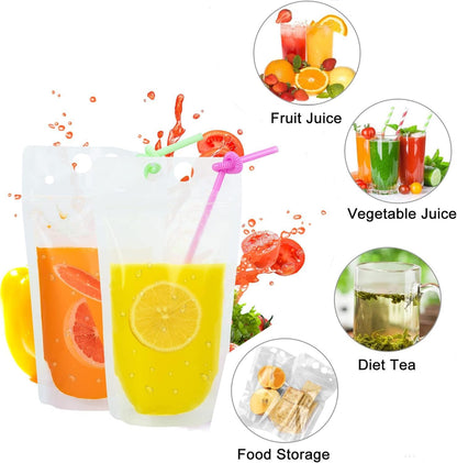 100Pcs Double Zip Pouches Drink Bags, Juice Pouches for Adults, Reusable, Reclosable Zipper Smoothie Bags for Cold &amp; Hot Drinks with 100 Straws &amp; Silicone Funnel