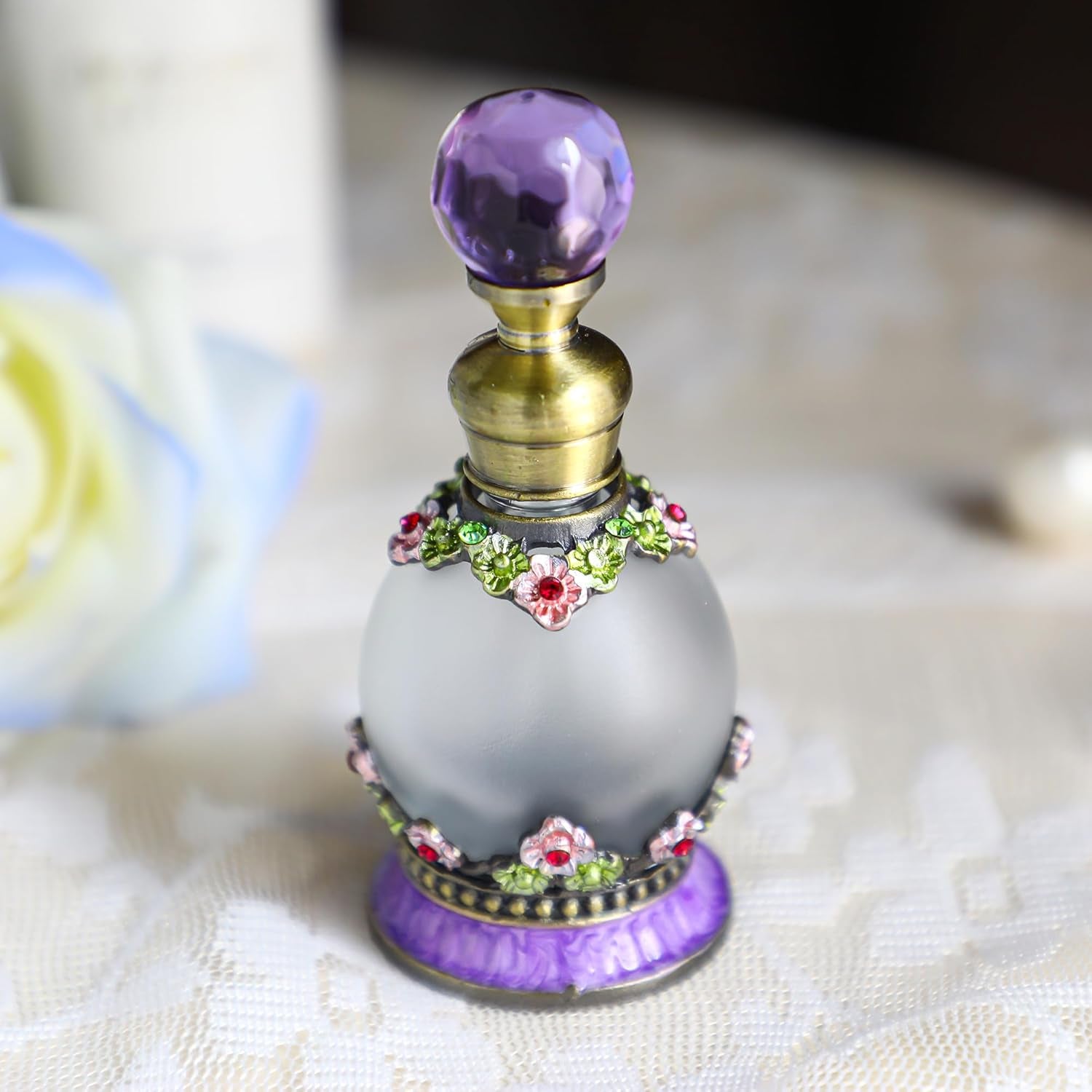 15Ml Antique Crystal Glass Perfume Bottle Small Flower Embelished Fancy Retro round Refillable Fragrance Bottle Scent Bottle(Purple)