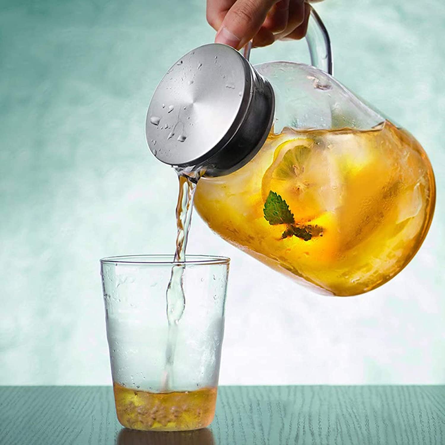 88OZ Glass Pitcher with Lid and Spout - High Heat Resistance Pitcher for Hot/Cold Water &amp; Iced Tea (2.6L)