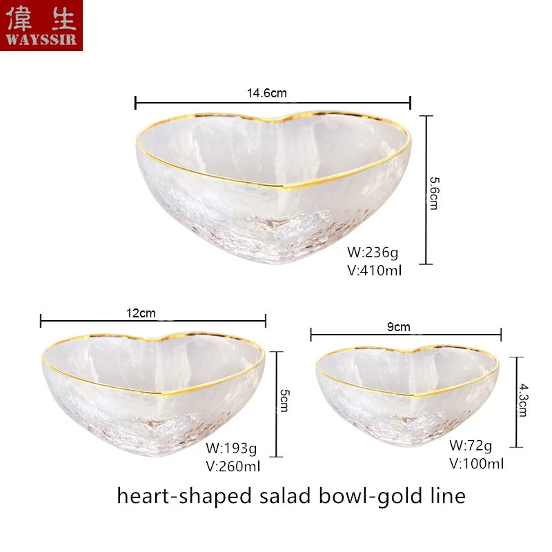 Heart Shaped Crystal Glass Bowl, Gold Rim Bowl, Household Dinnerware, Breakfast Fruit, Oatmeal, Salad, Rice, Noddle Bowl