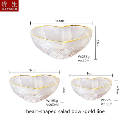 Heart Shaped Crystal Glass Bowl, Gold Rim Bowl, Household Dinnerware, Breakfast Fruit, Oatmeal, Salad, Rice, Noddle Bowl