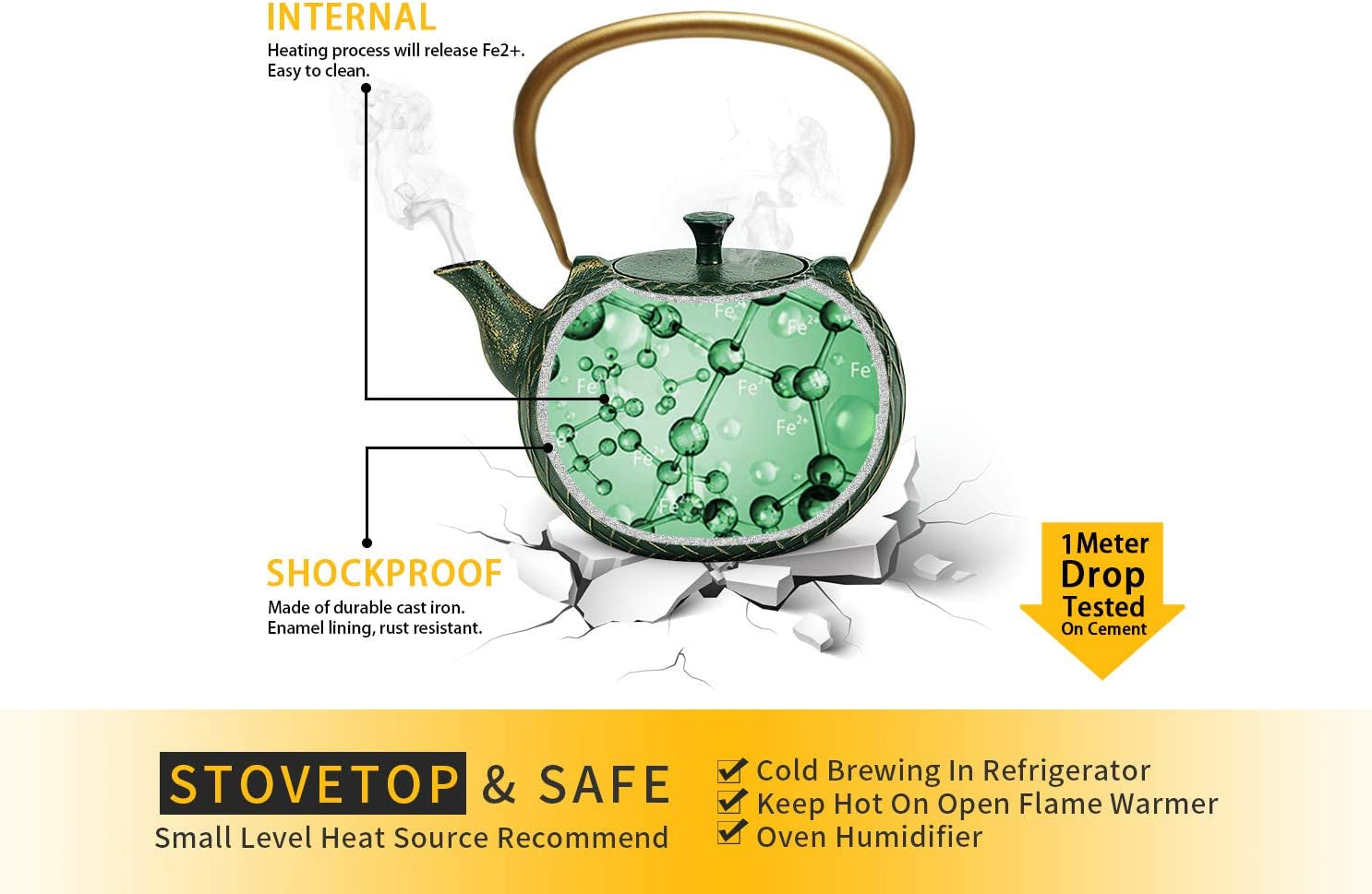 Tea Kettle,  Japanese Cast Iron Tea Kettle for Stove Top, Stovetop Safe Teapot with Infusers for Loose Tea, 34 Ounce (1000 Ml), Dark Green Melody