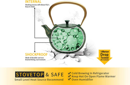 Tea Kettle,  Japanese Cast Iron Tea Kettle for Stove Top, Stovetop Safe Teapot with Infusers for Loose Tea, 34 Ounce (1000 Ml), Dark Green Melody