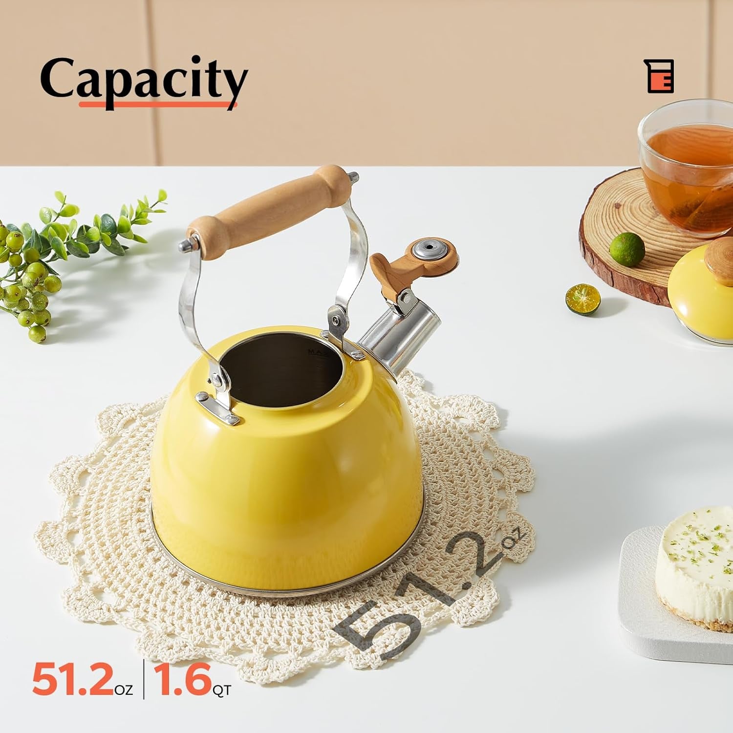 Tea Kettle, Tea Pot with Cool Touch Ergonomic Handle, Tea Kettle Food Grade Stainless Steel, Tea Kettle Stovetop, Kettle Teapot, Whistling Tea Kettle, Small Tea Kettle, 1.6 Quart (Yellow)