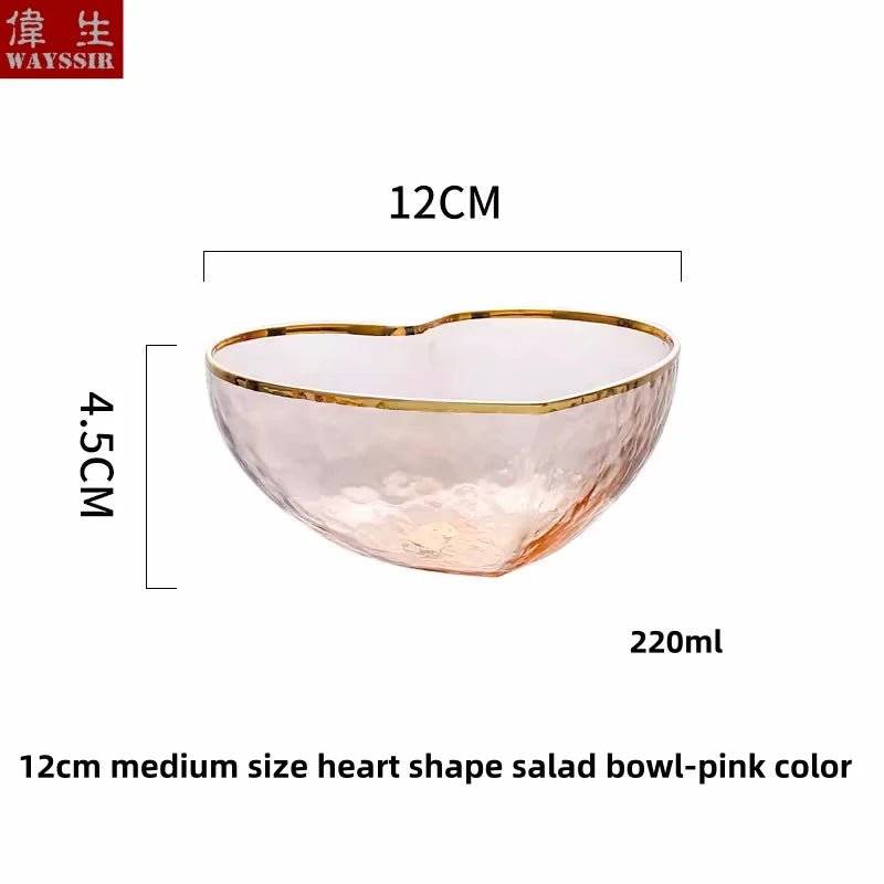 Heart Shaped Crystal Glass Bowl, Gold Rim Bowl, Household Dinnerware, Breakfast Fruit, Oatmeal, Salad, Rice, Noddle Bowl