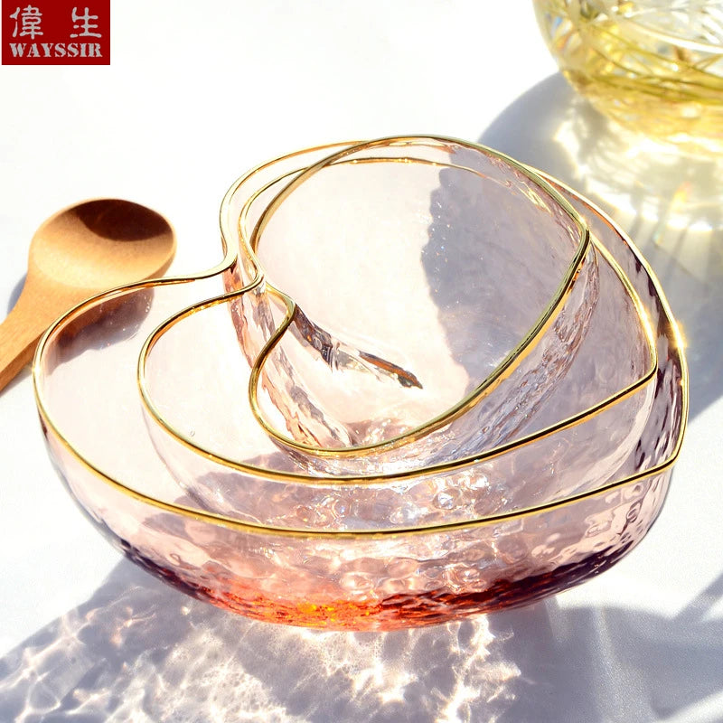 Heart Shaped Crystal Glass Bowl, Gold Rim Bowl, Household Dinnerware, Breakfast Fruit, Oatmeal, Salad, Rice, Noddle Bowl