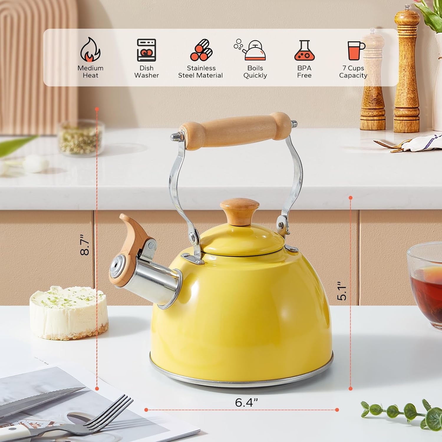 Tea Kettle, Tea Pot with Cool Touch Ergonomic Handle, Tea Kettle Food Grade Stainless Steel, Tea Kettle Stovetop, Kettle Teapot, Whistling Tea Kettle, Small Tea Kettle, 1.6 Quart (Yellow)