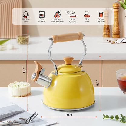 Tea Kettle, Tea Pot with Cool Touch Ergonomic Handle, Tea Kettle Food Grade Stainless Steel, Tea Kettle Stovetop, Kettle Teapot, Whistling Tea Kettle, Small Tea Kettle, 1.6 Quart (Yellow)