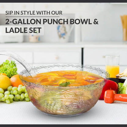 Punch Bowl with Ladle - 2 Gallon Large Clear Plastic Punch Bowl with Ladle - Embroidered Design 8 Quart Serving Bowl with 5 OZ Plastic Serving Ladle