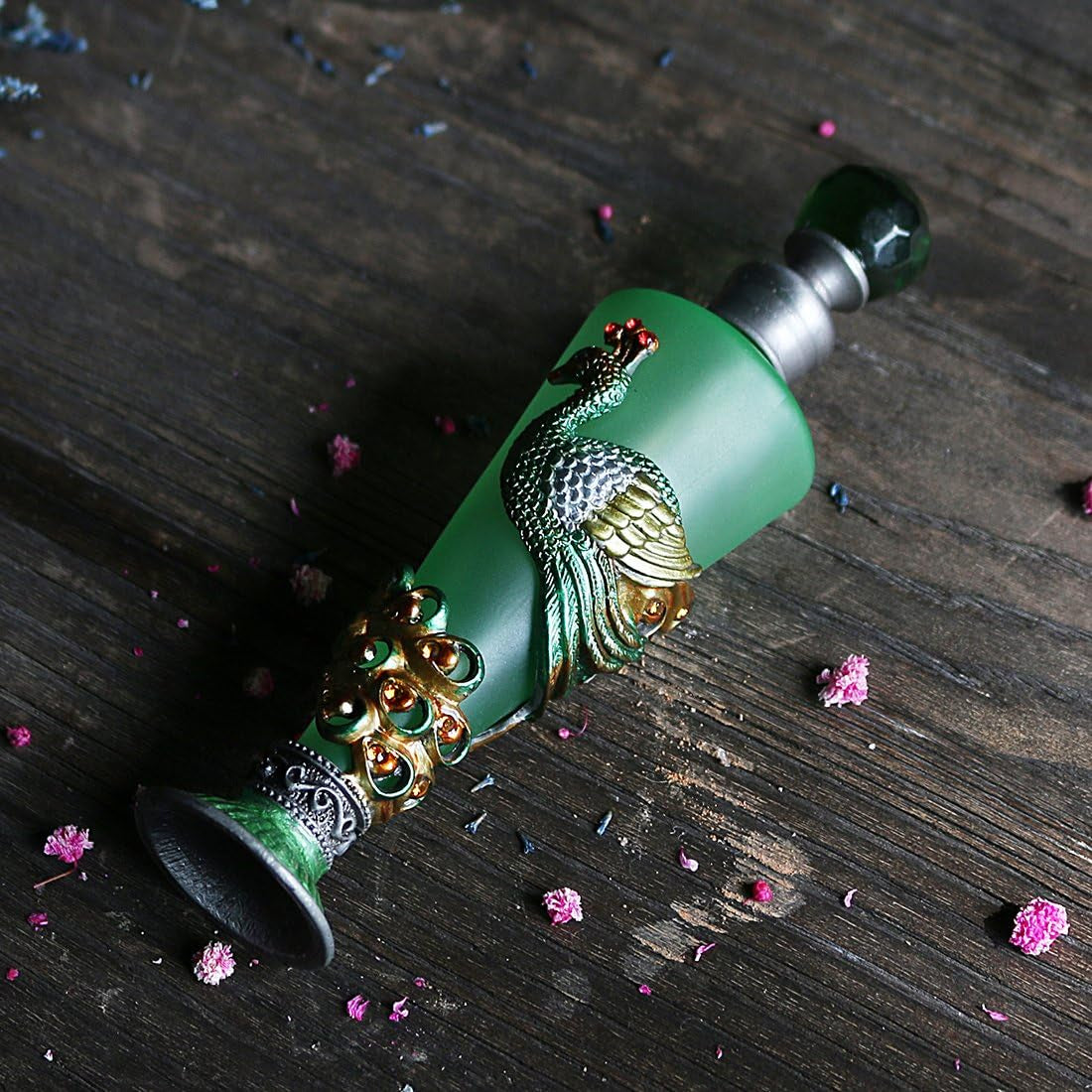 Peacock Decorative Glass Perfume Bottle Jeweled Enameled Fancy Crystal Perfume Holder Container Scent Bottles Empty Refillable(Green,35Ml)