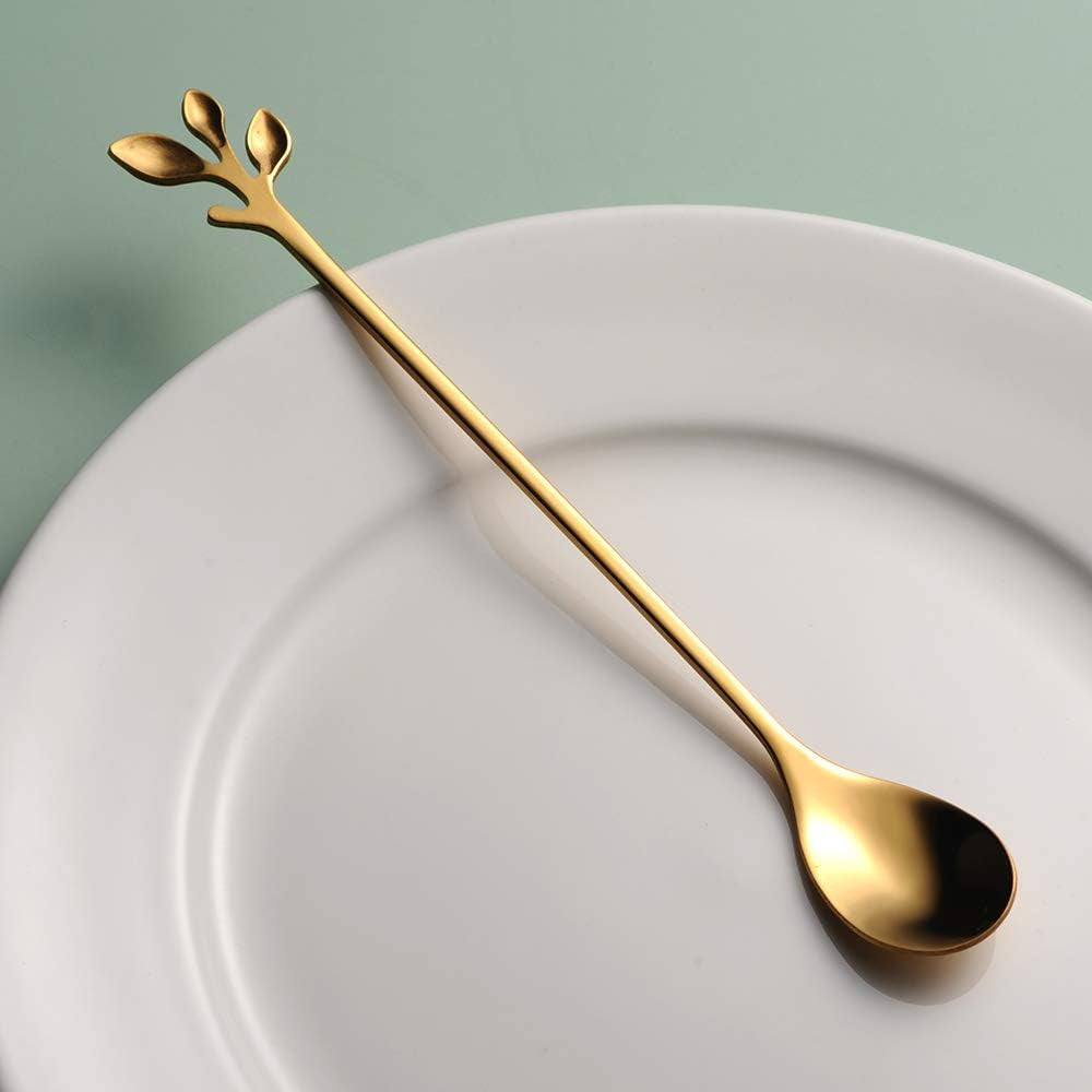 6.5&quot; Elegant Leaf-Design Gold Coffee &amp; Tea Spoons Set of 6- Long Handle Stainless Steel Stirring Spoons for Espresso, Iced Tea - Ideal Coffee Bar Accessories