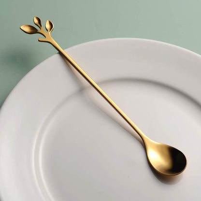 6.5&quot; Elegant Leaf-Design Gold Coffee &amp; Tea Spoons Set of 6- Long Handle Stainless Steel Stirring Spoons for Espresso, Iced Tea - Ideal Coffee Bar Accessories
