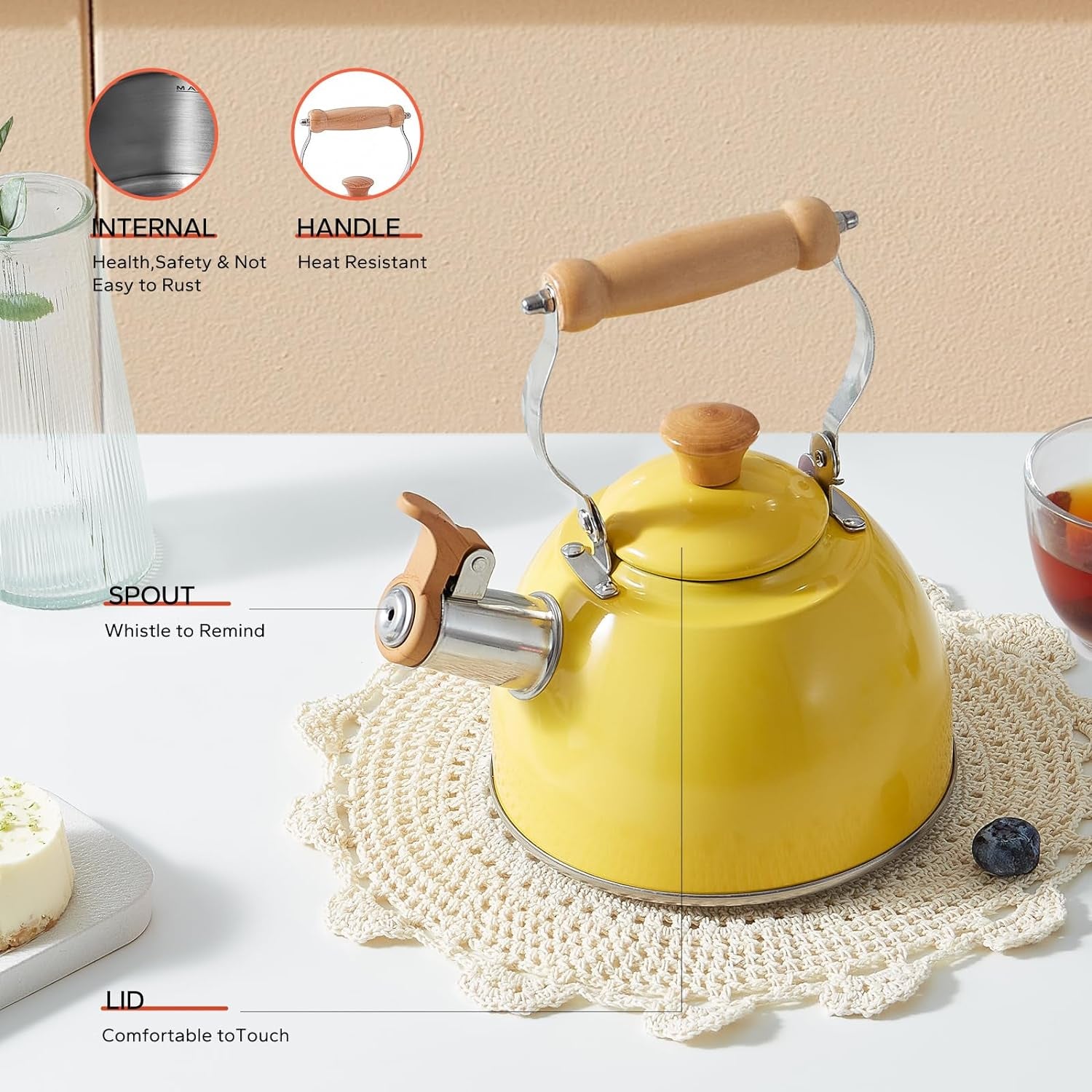 Tea Kettle, Tea Pot with Cool Touch Ergonomic Handle, Tea Kettle Food Grade Stainless Steel, Tea Kettle Stovetop, Kettle Teapot, Whistling Tea Kettle, Small Tea Kettle, 1.6 Quart (Yellow)
