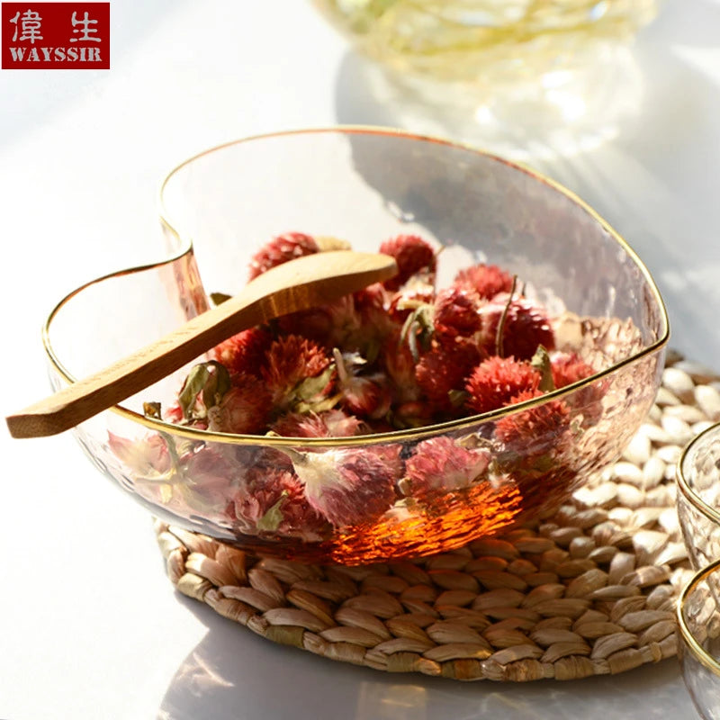 Heart Shaped Crystal Glass Bowl, Gold Rim Bowl, Household Dinnerware, Breakfast Fruit, Oatmeal, Salad, Rice, Noddle Bowl