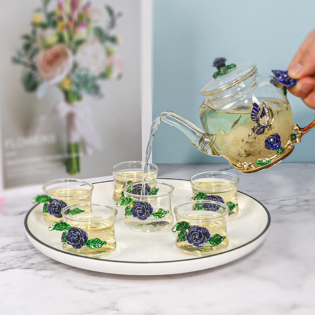 Fancy Teapot, Small Glass Teapot with 6 Shot Tea Cups, Butterfly Rose Tea Sets for Women,Elegant Gift for Women Mom Friends Christmas Birthday Anniversary(Blue)