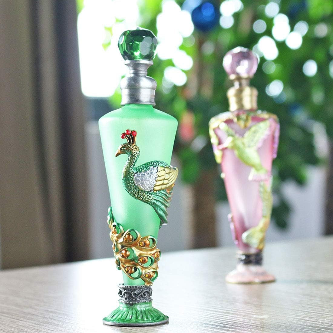 Peacock Decorative Glass Perfume Bottle Jeweled Enameled Fancy Crystal Perfume Holder Container Scent Bottles Empty Refillable(Green,35Ml)