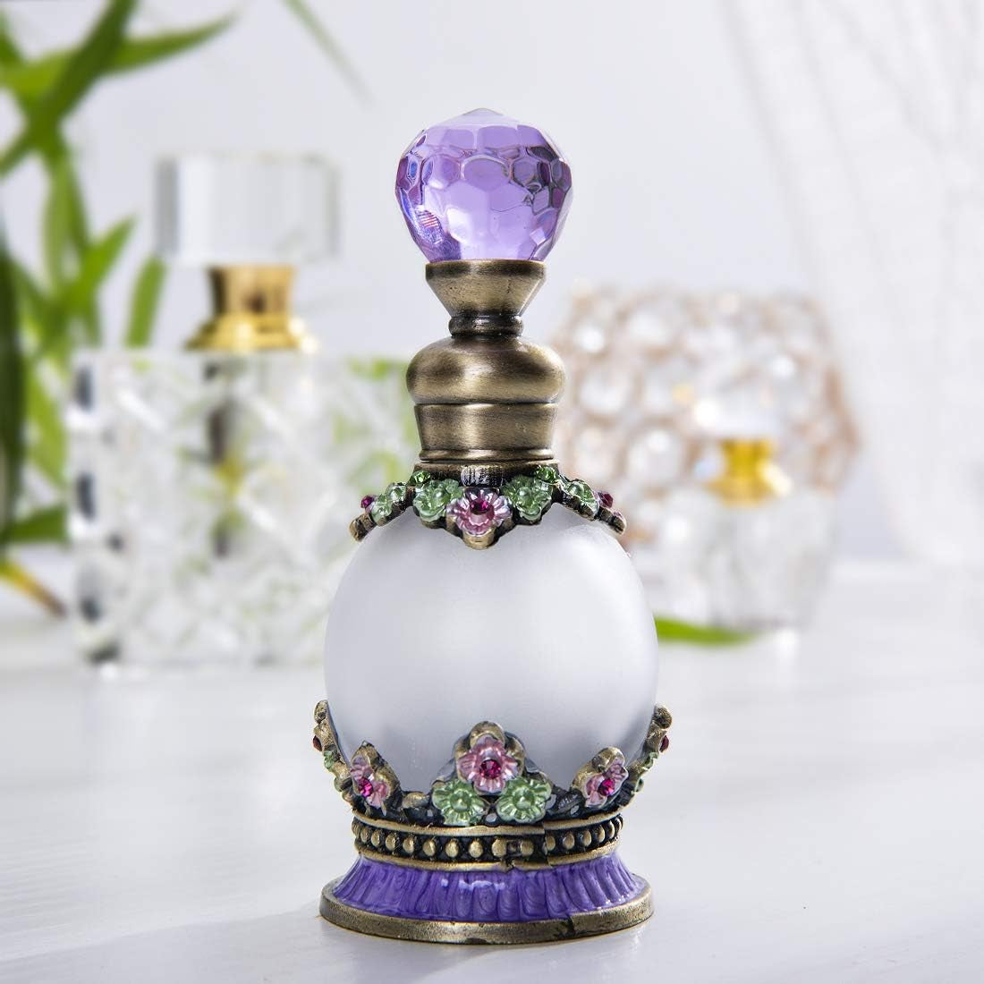 15Ml Antique Crystal Glass Perfume Bottle Small Flower Embelished Fancy Retro round Refillable Fragrance Bottle Scent Bottle(Purple)
